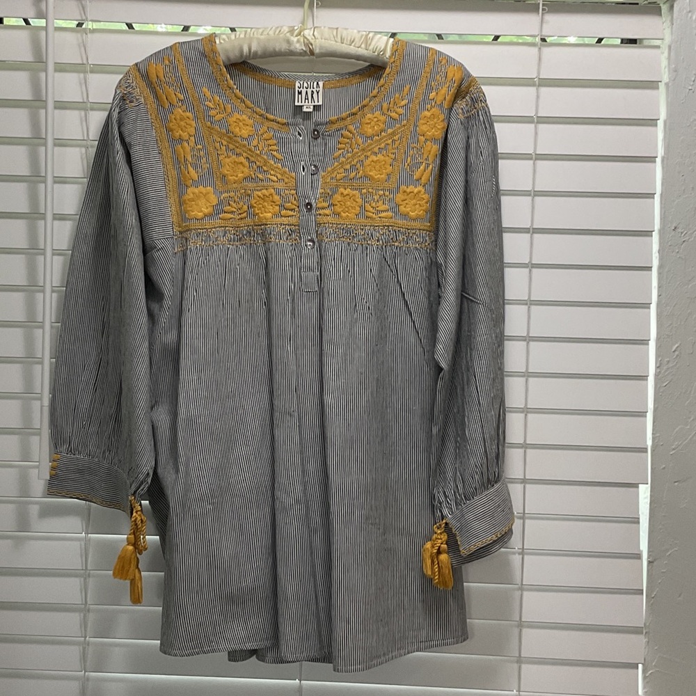 SISTER  MARY Embroidered Striped Cotton Blouse in Gray and Mustard; Size XL